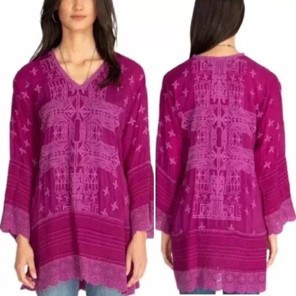 JOHNNY WAS Leena Embroidered Lace Trim Magenta Tunic Top- Size XXL